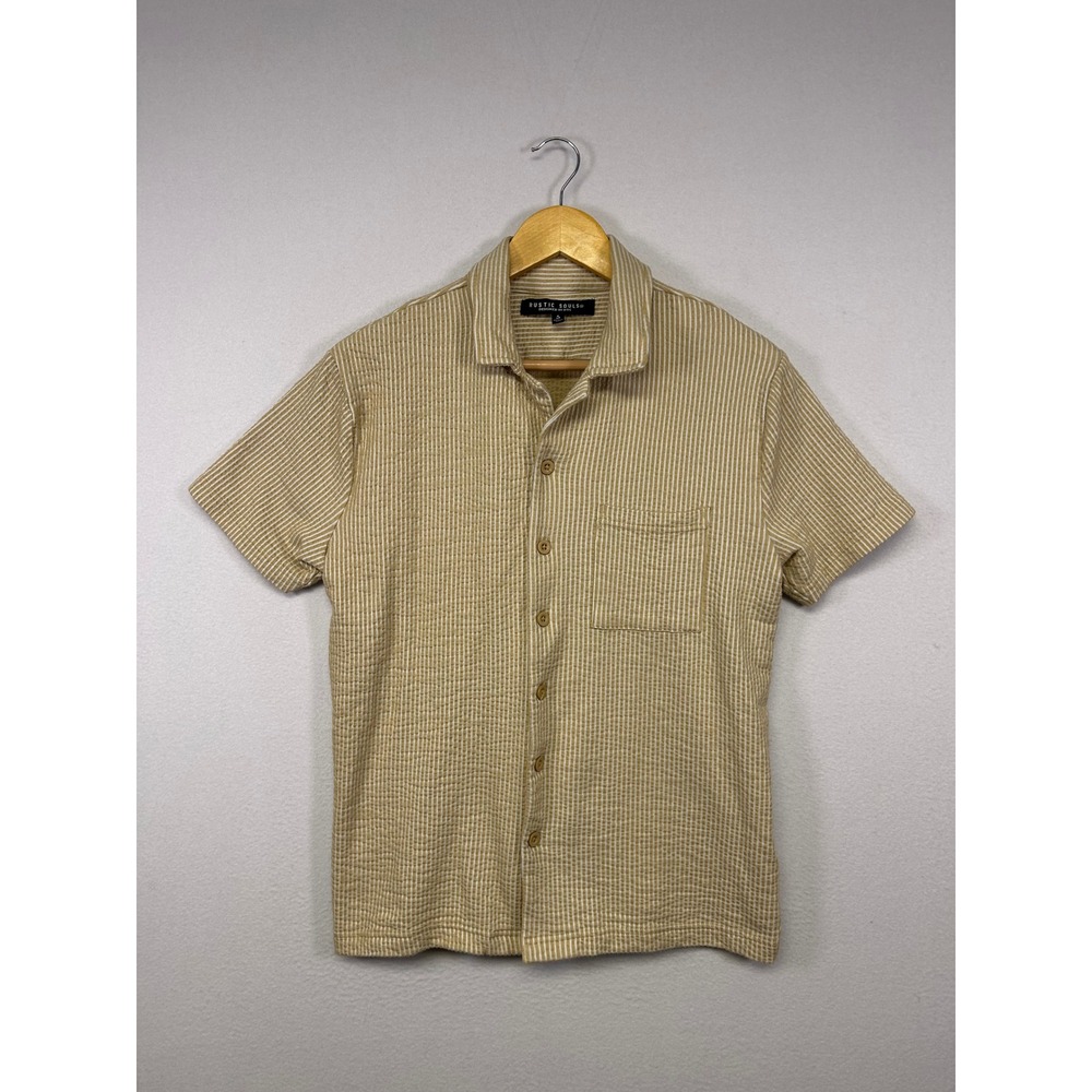 Coastal Rustic Souls Mens Small Tan Striped Seersucker Short Sleeve Button Shirt